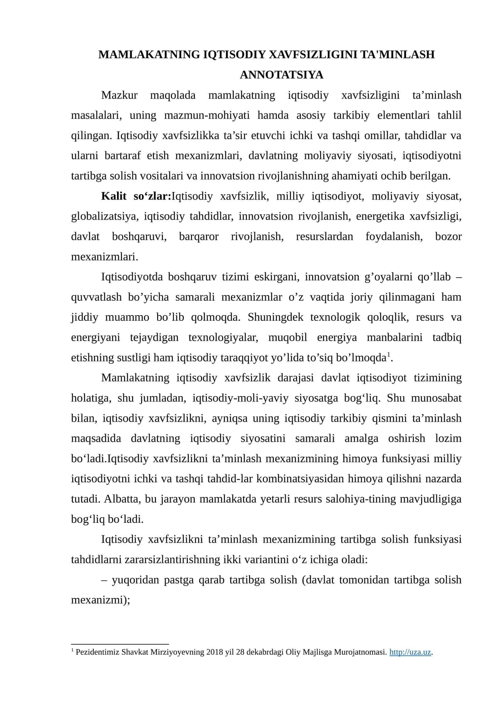 MAMLAKATNING IQTISODIY XAVFSIZLIGINI TA'MINLASH 1