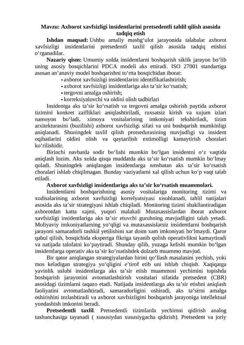 Axborot xavfsizligi insidentlarini pretsedentli tahlil qilish
