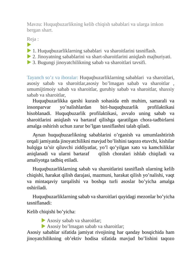 Huquqbuzarlikning kelib chiqish sabablari va ularga imkon bergan shart 1