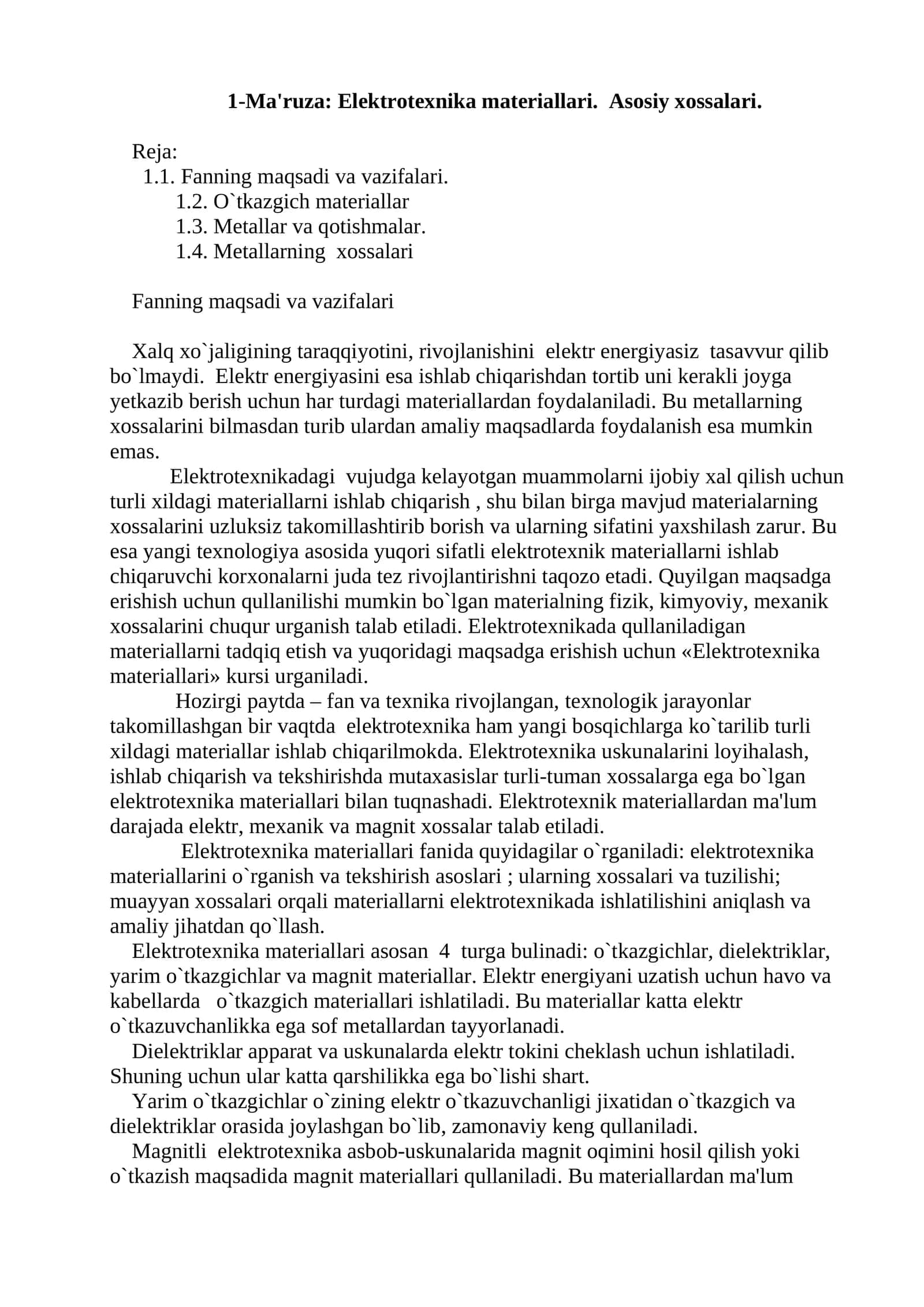 Elektrotexnika materiallari. Asosiy xossalari 1
