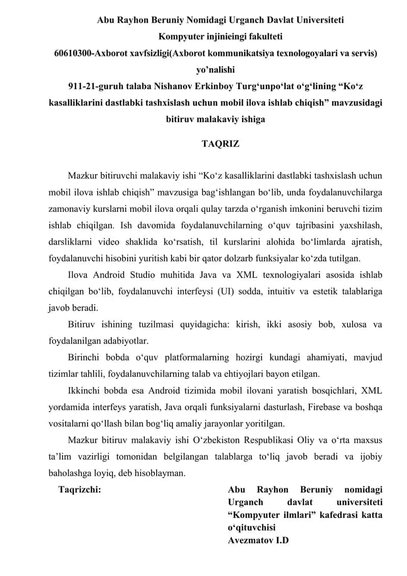 "Ko‘z kasalliklarini dastlabki tashxislash uchun mobil ilova ishlab chiqish" 1