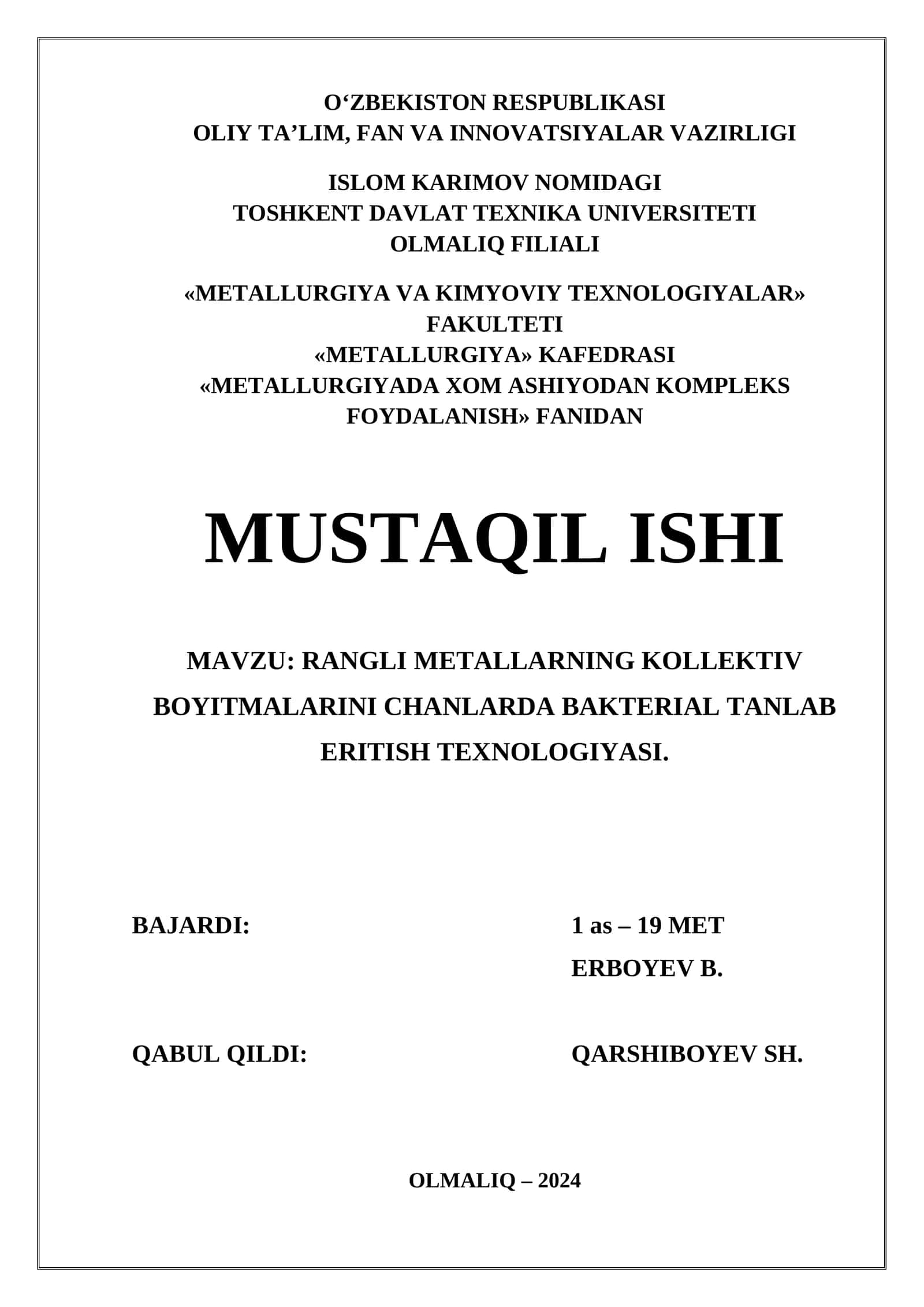 RANGLI METALLARNING KOLLEKTIV BOYITMALARINI CHANLARDA BAKTERIAL TANLAB ERITISH TEXNOLOGIYASI 1