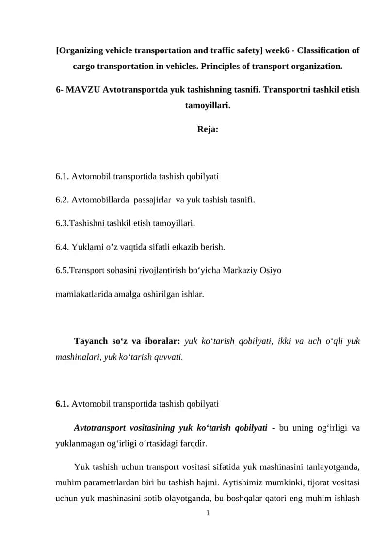 Avtotransportda yuk tashishning tasnifi 1