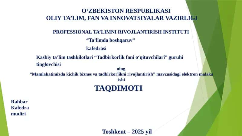 "Mamlakatimizda kichik biznes va tadbirkorlikni rivojlantirish" elektron malaka ishi 1