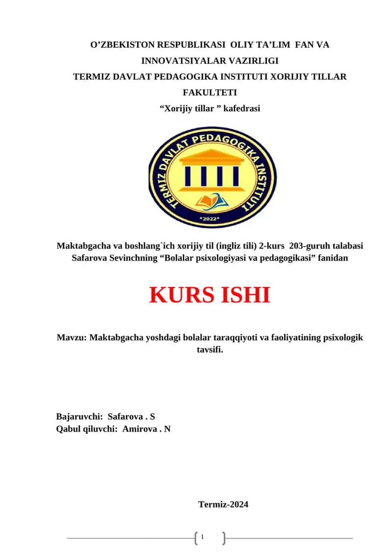 Maktabgacha yoshdagi bolalar taraqqiyoti va faoliyatining psixologik tavsifi 1