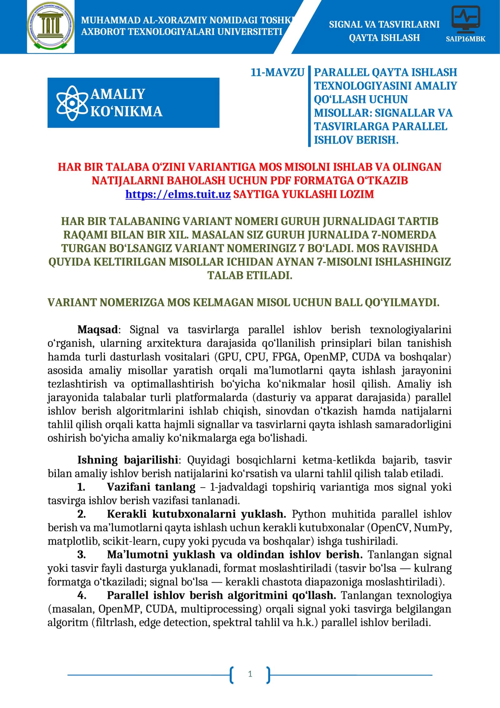 PARALLEL QAYTA ISHLASH TEXNOLOGIYASI AMALIY QO‘LLASH 1