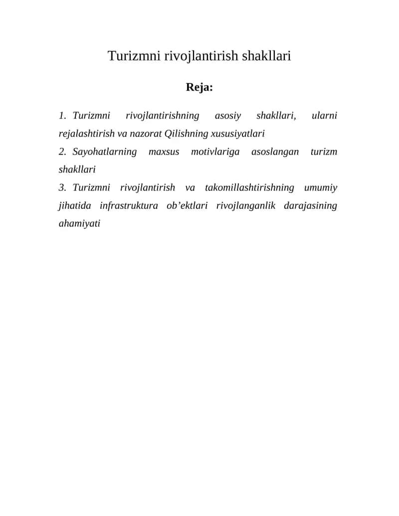 Turizmni rivojlantirish shakllari 1