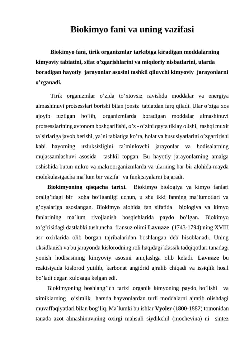 Biokimyo fani va uning vazifasi 1