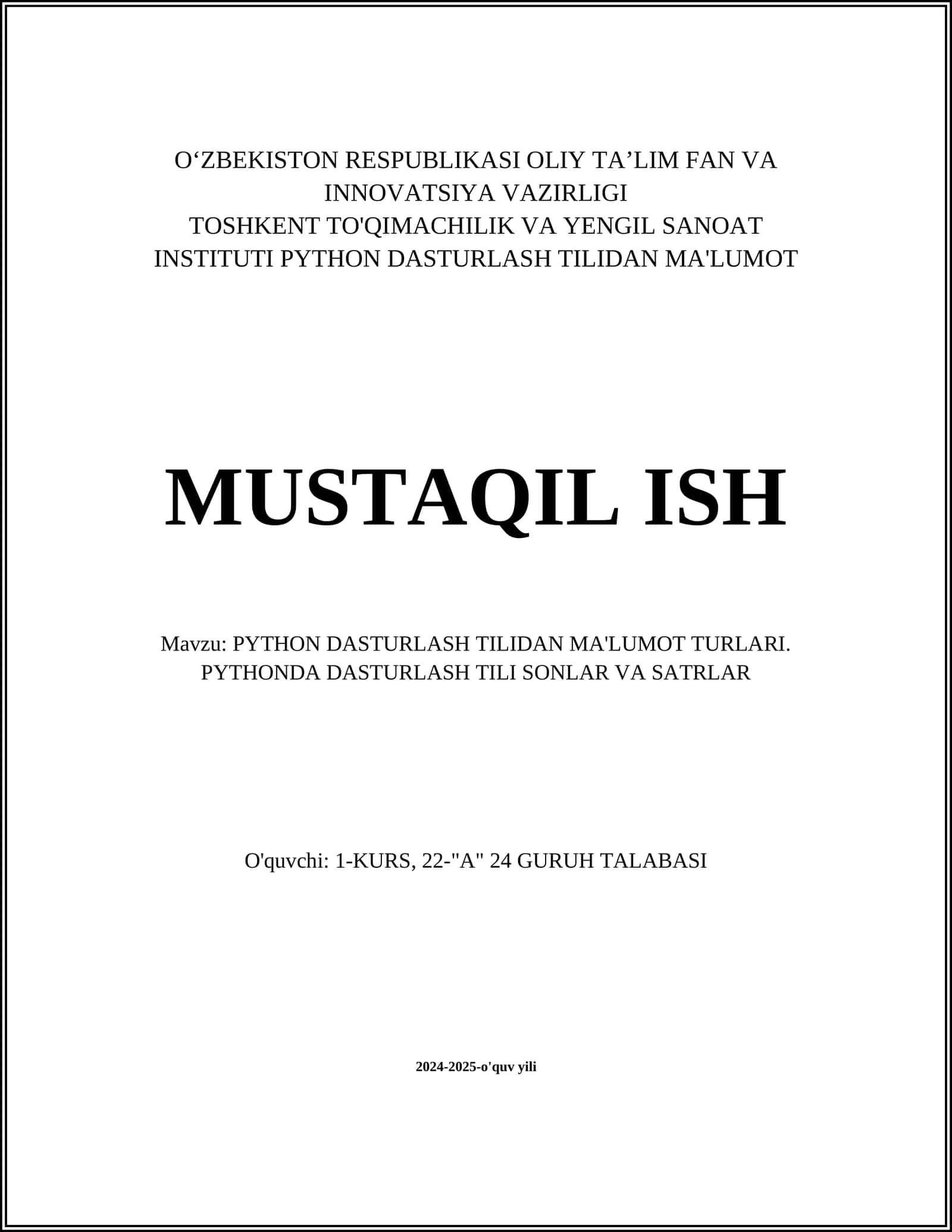 PYTHON DASTURLASH TILIDAN MA'LUMOT TURLARI 1