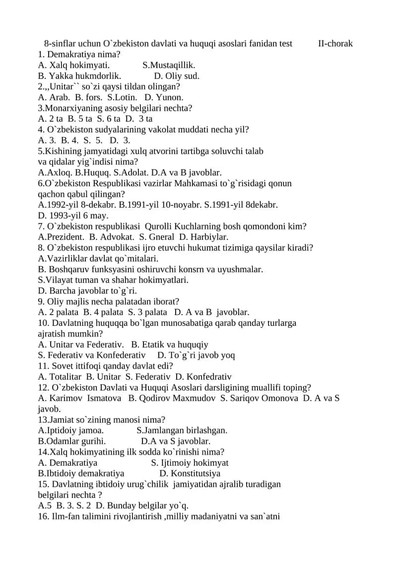 O`zbekiston davlati va huquqi asoslari fanidan test II-chorak 1