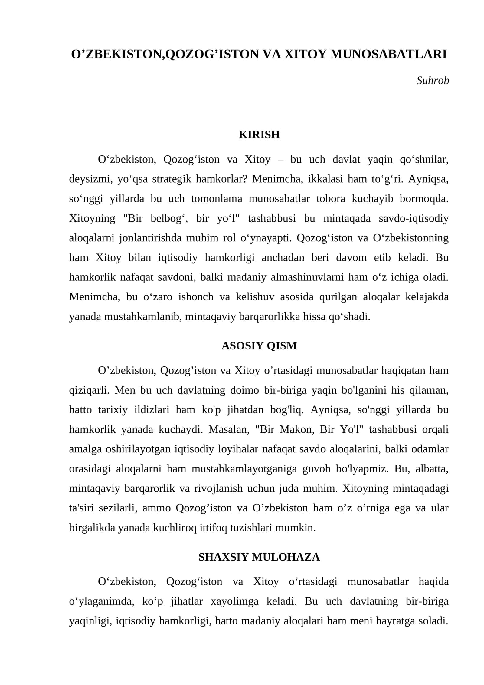 O’ZBEKISTON,QOZOG’ISTON VA XITOY MUNOSABATLARI 1