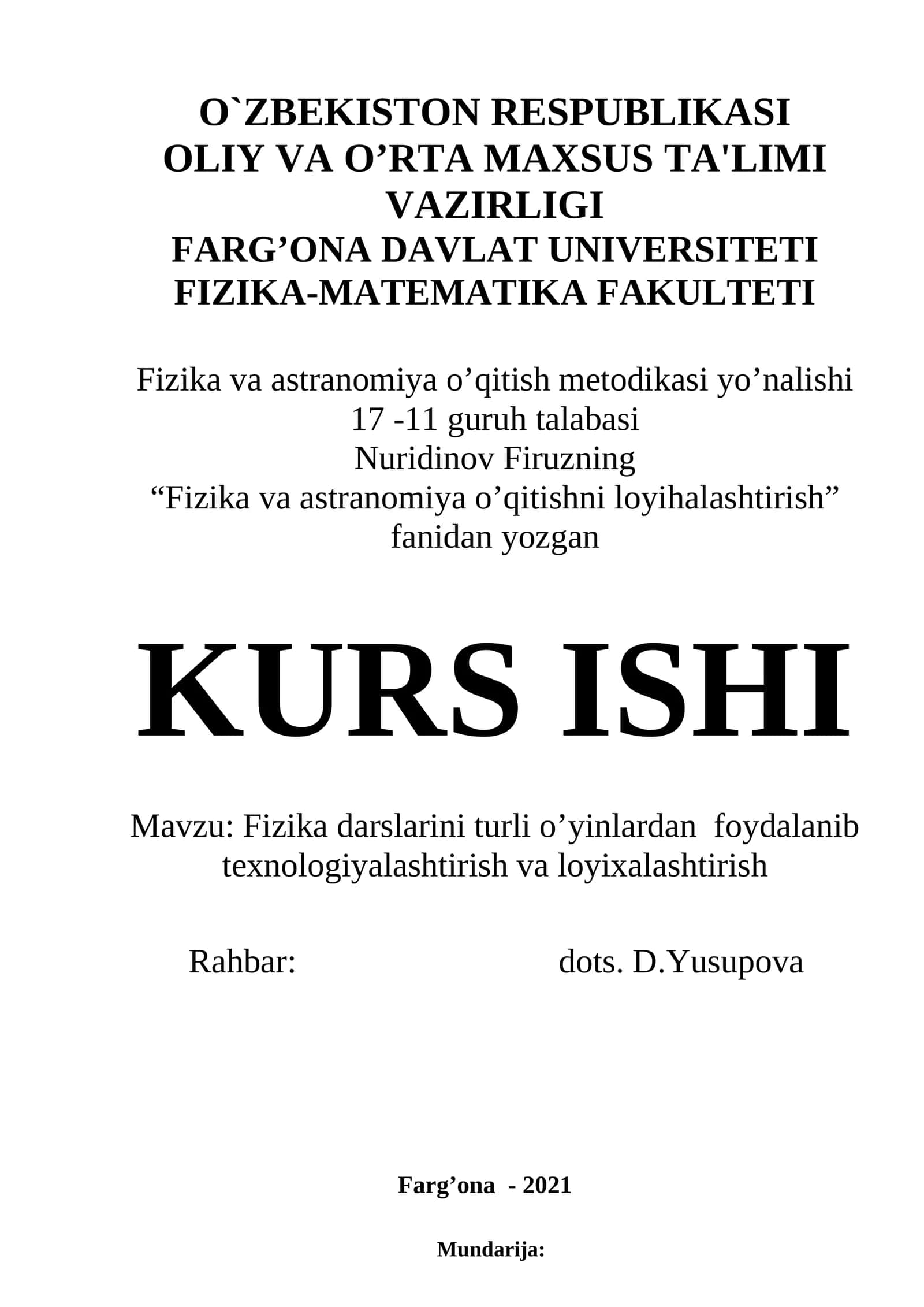 Fizika va astranomiya o’qitishni loyihalashtirish 1