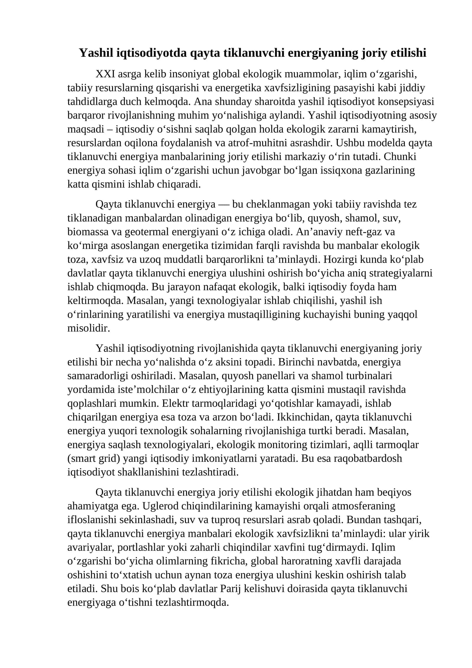 Yashil iqtisodiyotda qayta tiklanuvchi energiyaning joriy etilishi 1