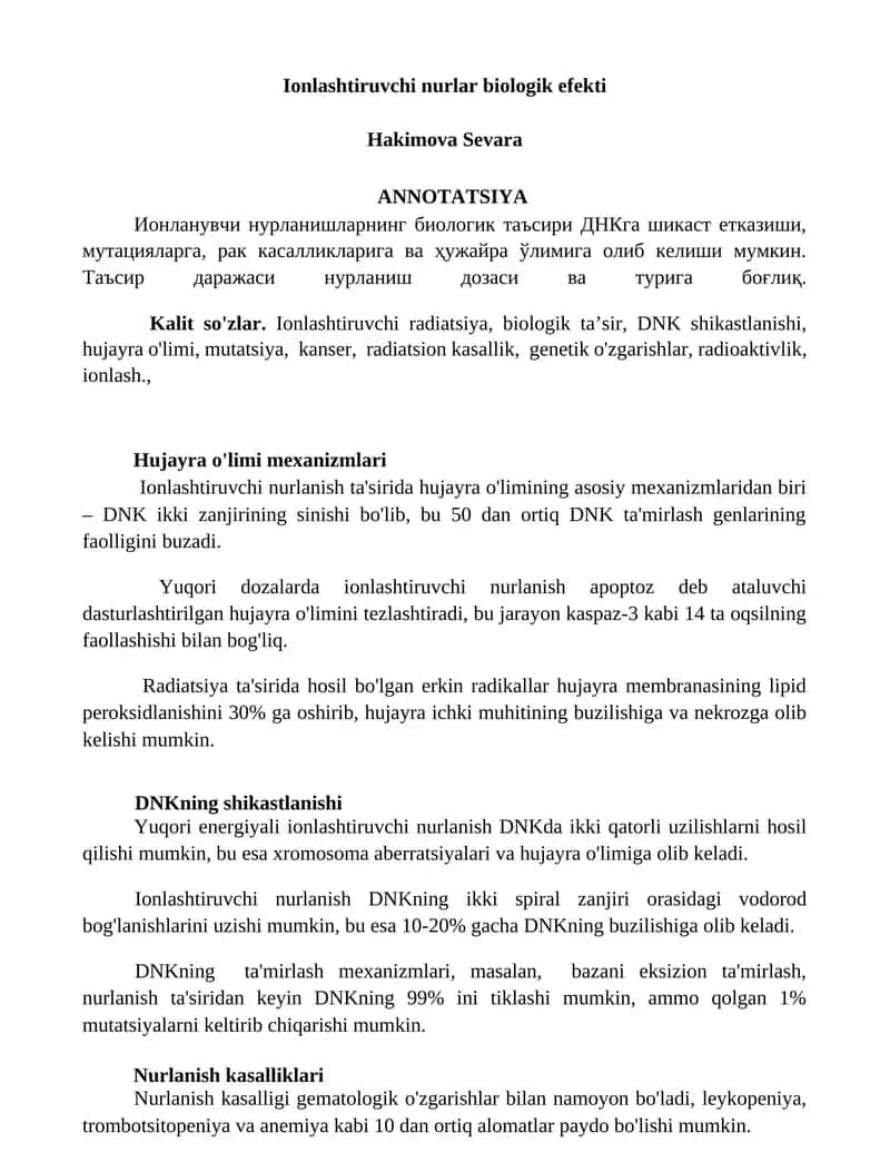 Ionlashtiruvchi nurlar biologik efekti 1