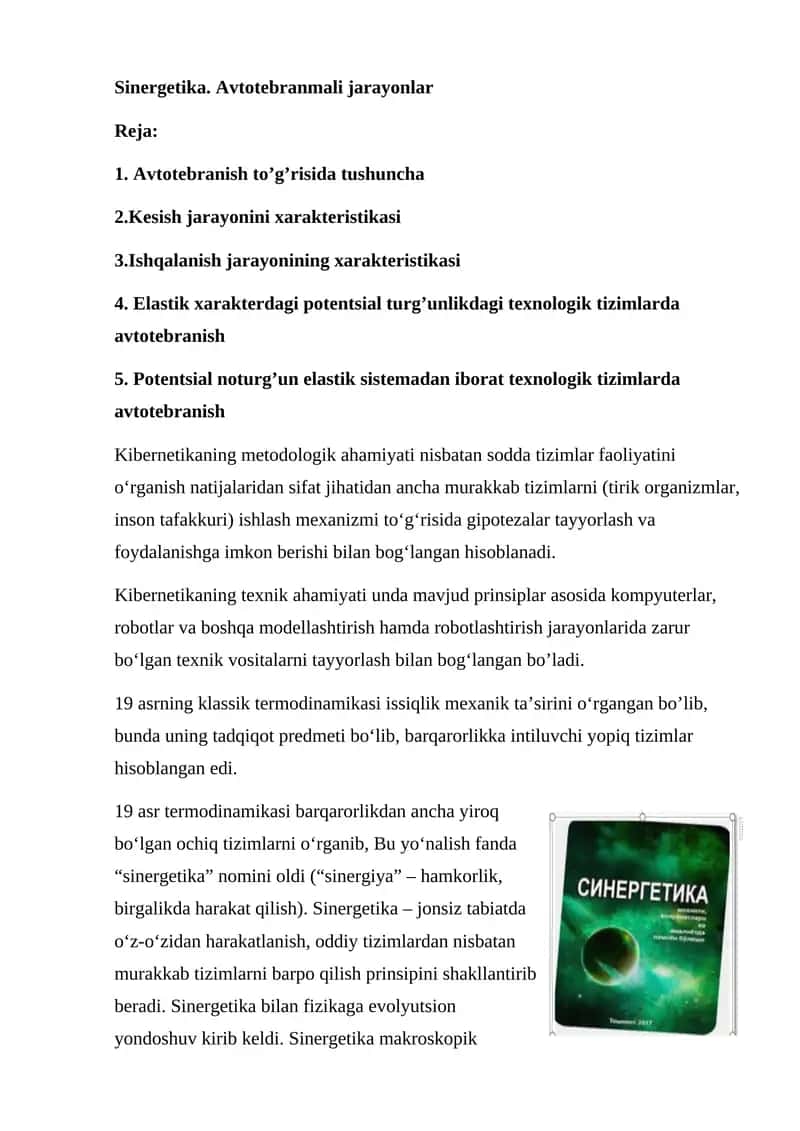 sinergetika. Avtotebranmali jarayonlar. 1