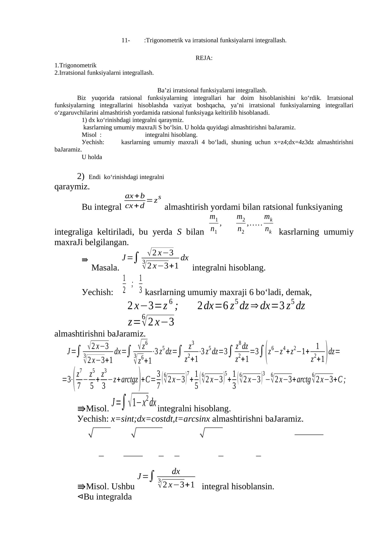 Trigonometrik va Irratsional funksiyalarni integrallash 1