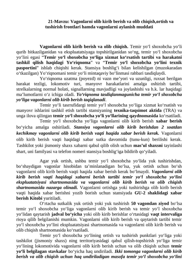 Vagonlarni olib kirib berish va olib chiqish,ortish va tushirish frontlari hamda vagonlarni aylanish muddati 1