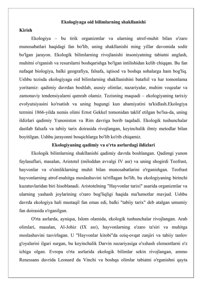 Ekologiyaga oid bilimlarning shakllanishi tezis 1