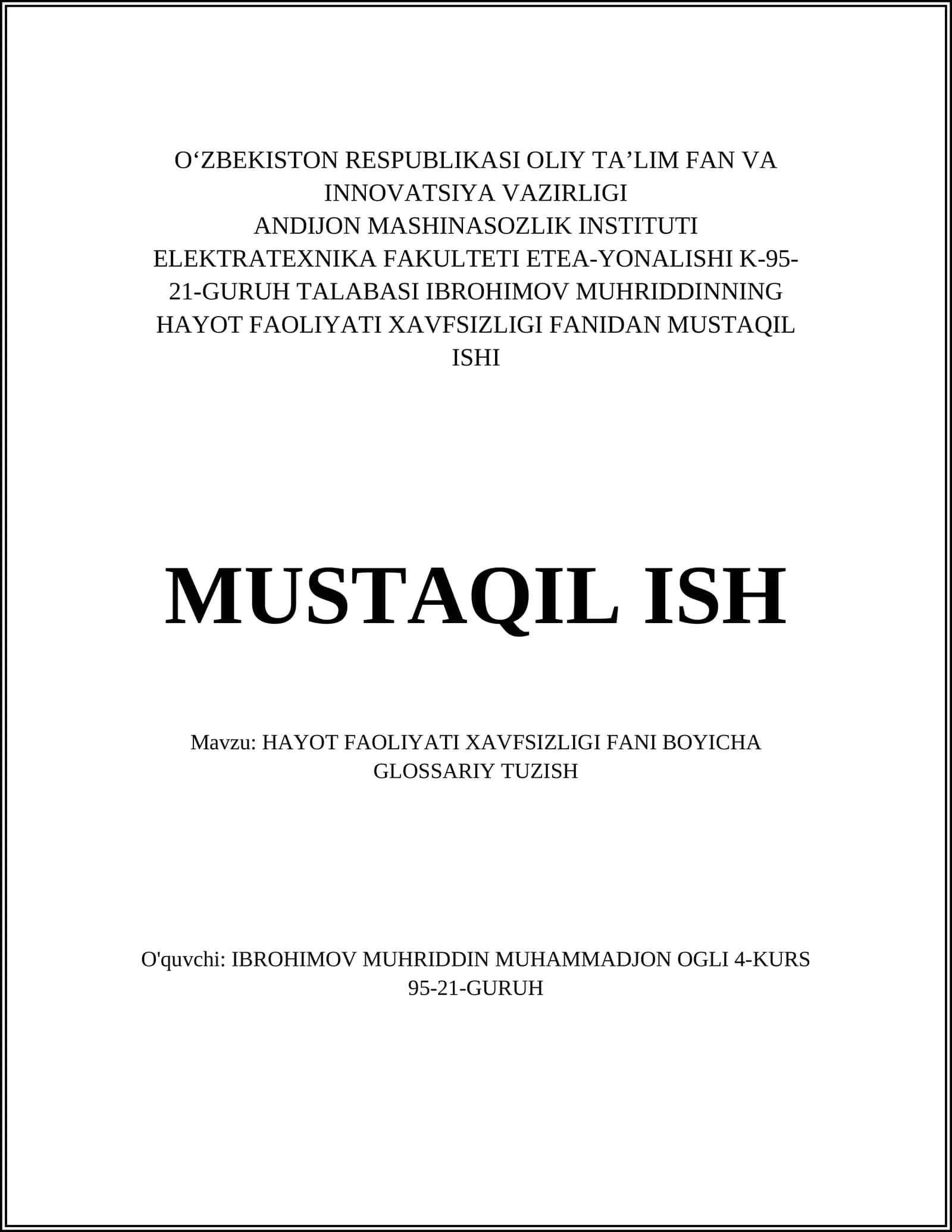HAYOT FAOLIYATI XAVFSIZLIGI FANIDAN MUSTAQIL ISHI 1
