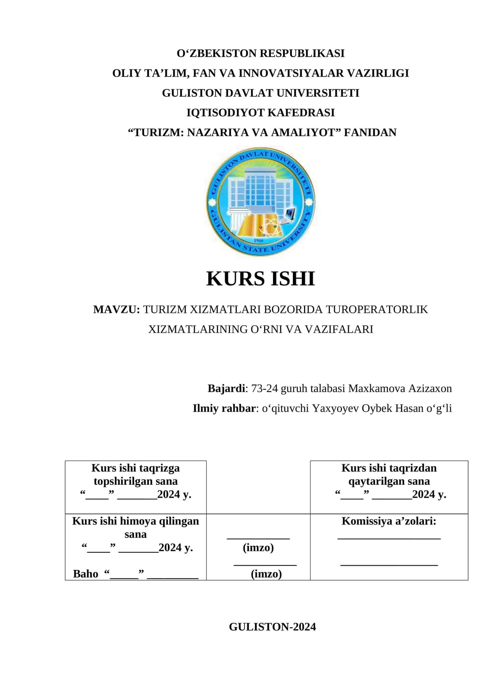 TURIZM XIZMATLARI BOZORIDA TUROPERATORLIK XIZMATLARINING O‘RNI VA VAZIFALARI 1