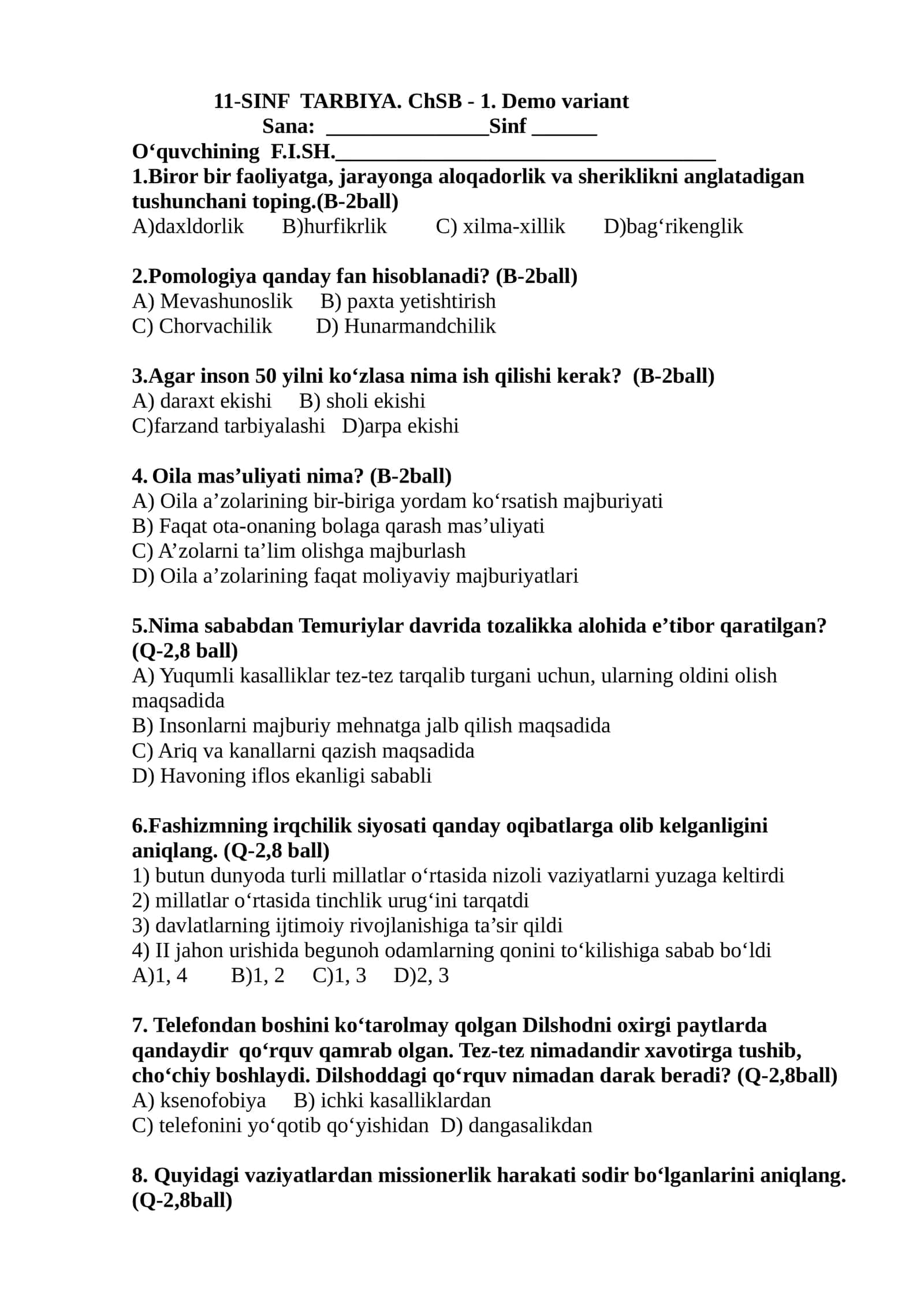 11-SINF TARBIYA. ChSB - 1. Demo variant 1