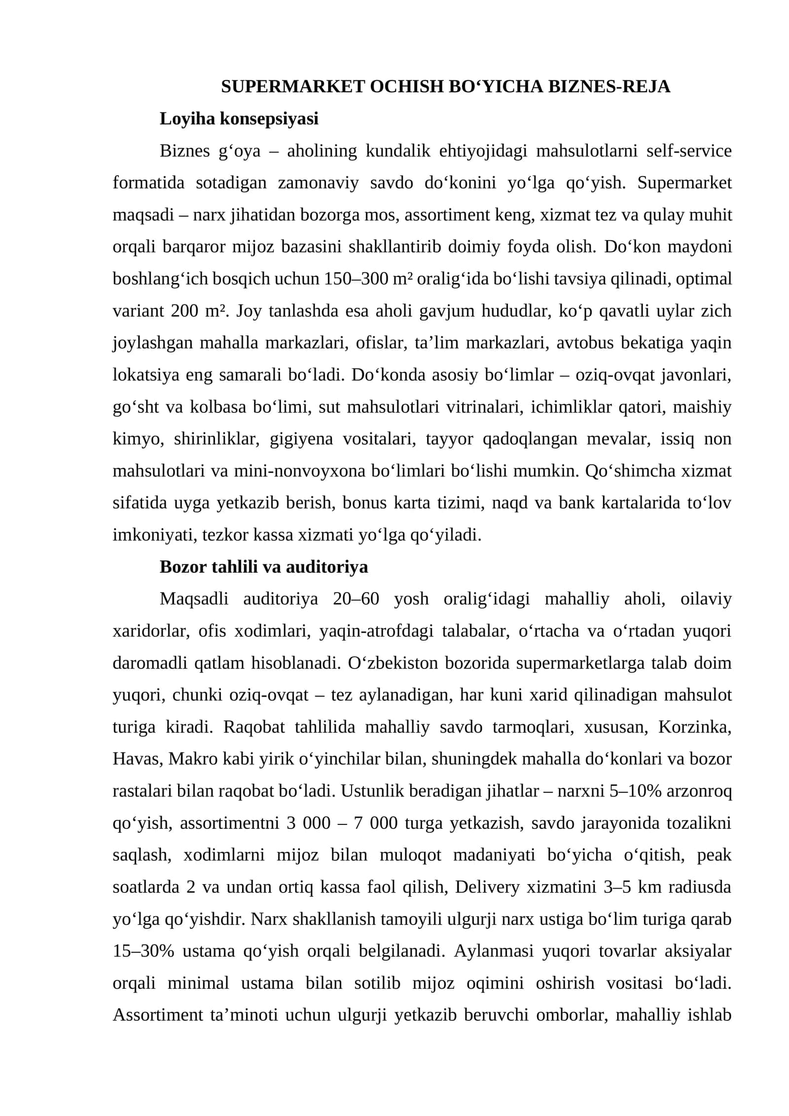 SUPERMARKET OCHISH BO‘YICHA BIZNES-REJA 1