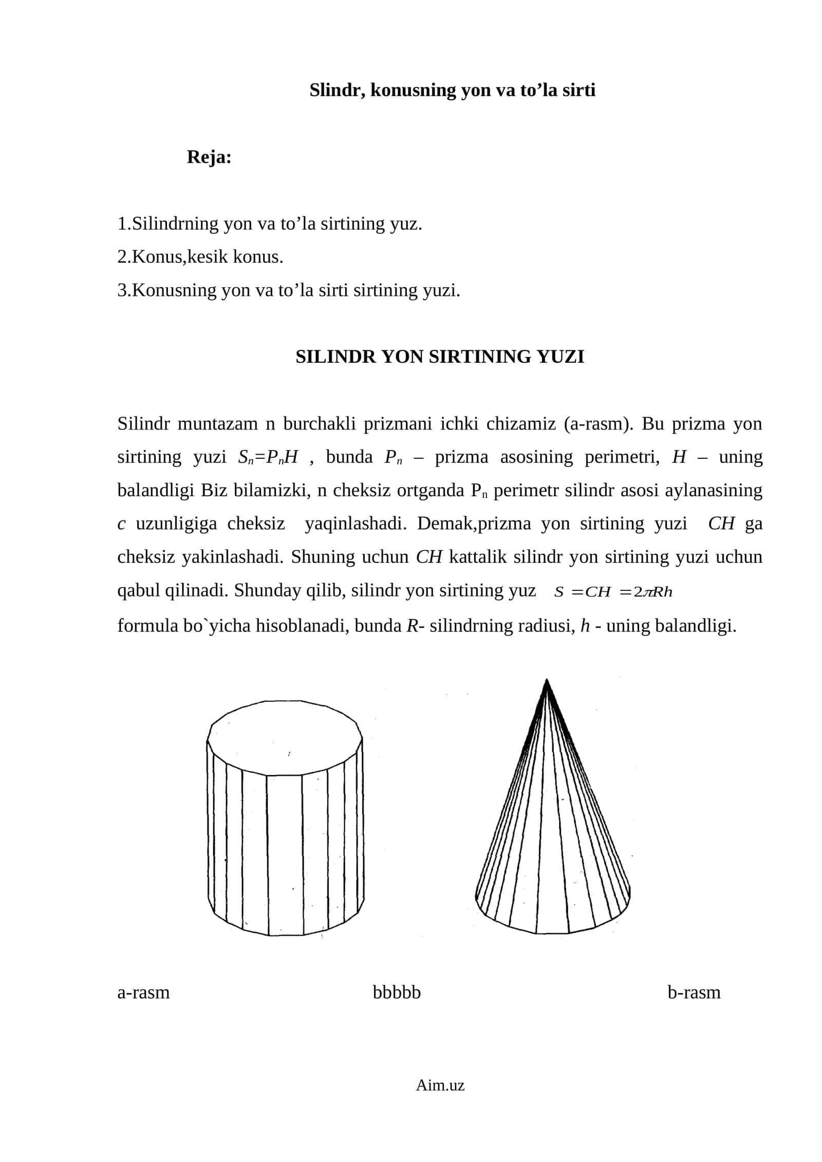 Silindr va Konusning Yon hamda To‘la Sirti | Geometriya Darsligi (DOC) 1