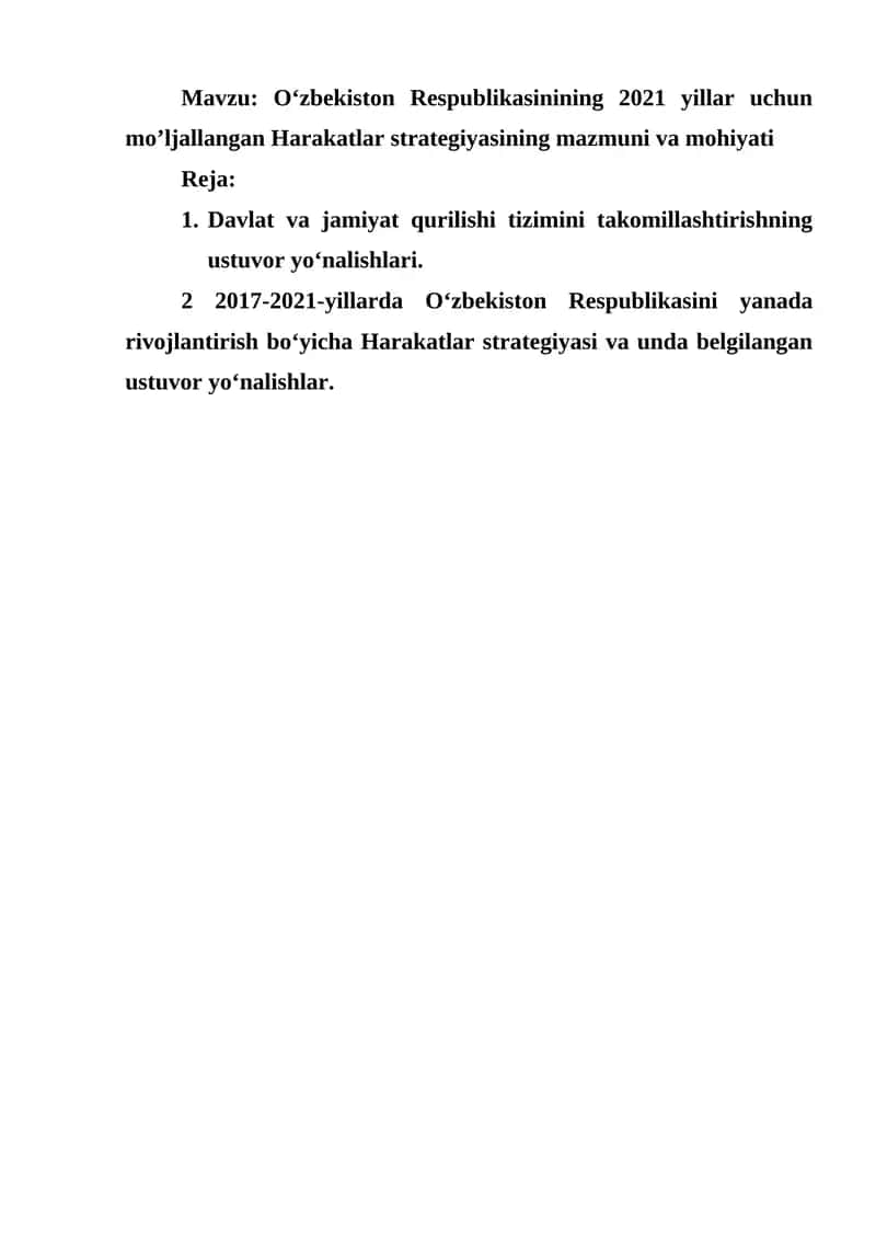 O‘zbekiston Respublikasinining 2021 yillar uchun mo’ljallangan Harakatlar strategiyasi 1