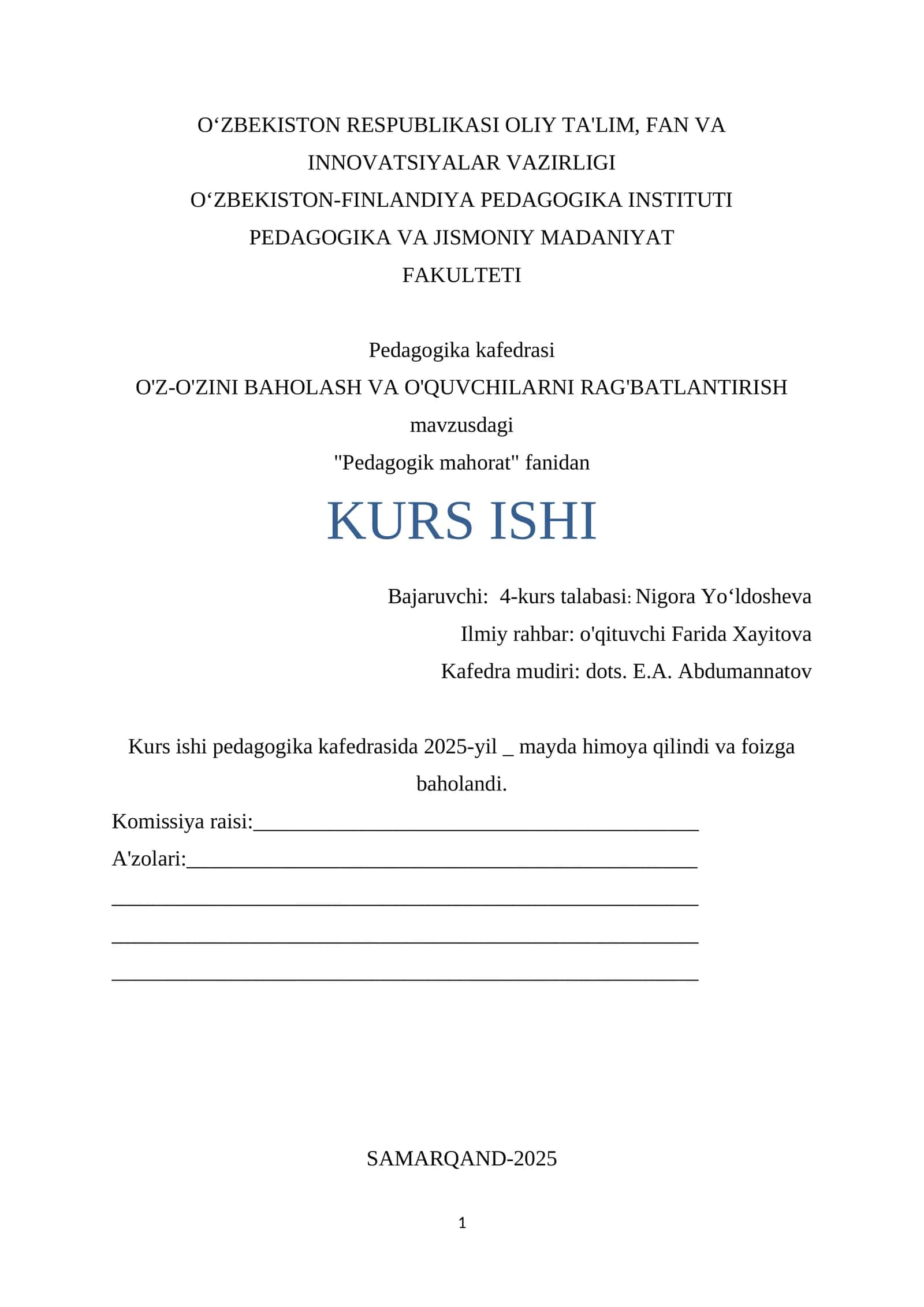 "Pedagogik mahorat" fanidan KURS ISHI 1
