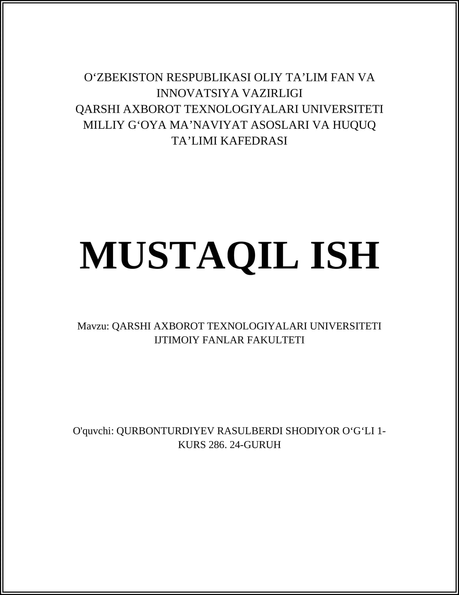 QARSHI AXBOROT TEXNOLOGIYALARI UNIVERSITETI IJTIMOIY FANLAR FAKULTETI 1