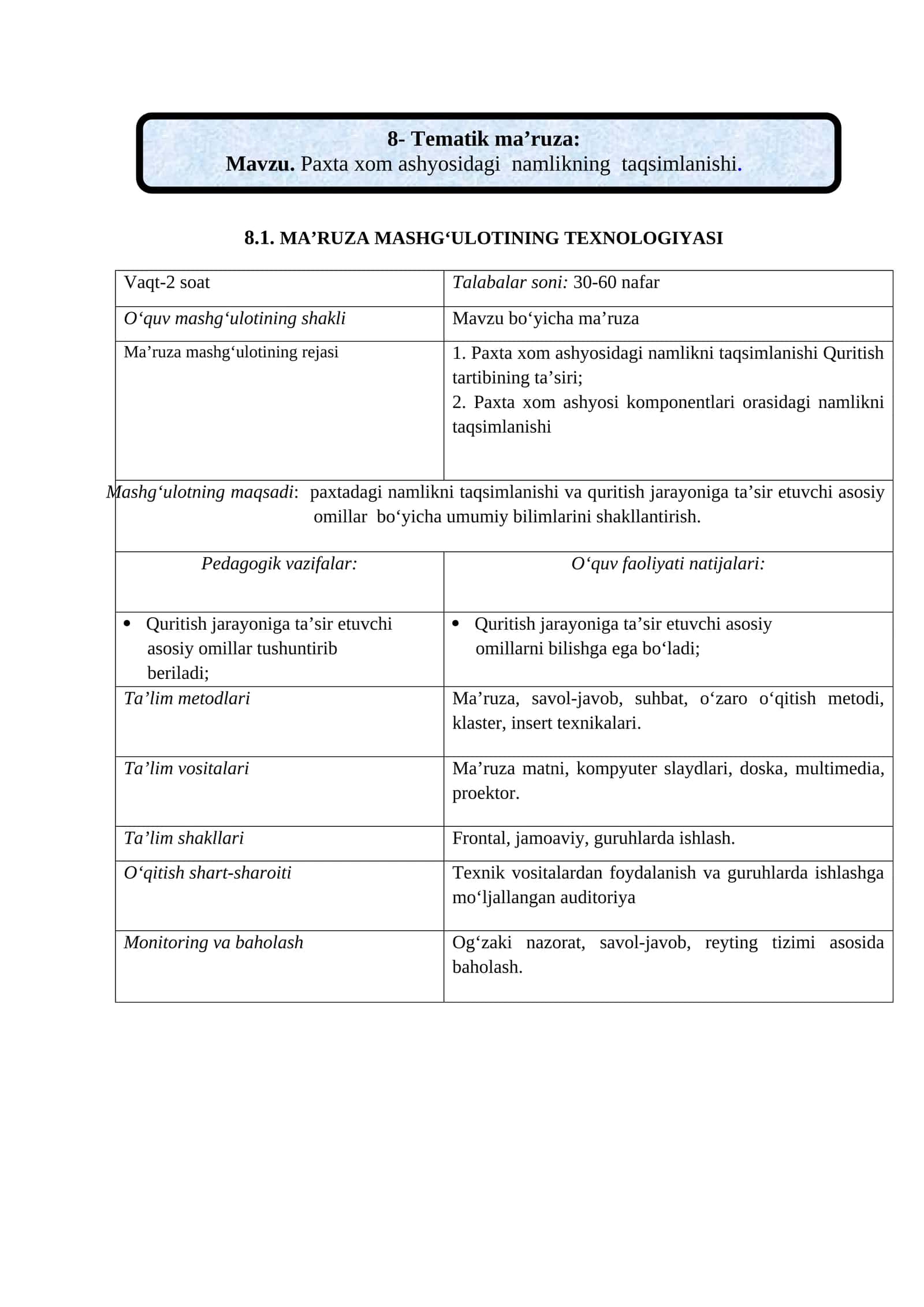 Paxta xom ashyosidagi namlikning taqsimlanishi 1
