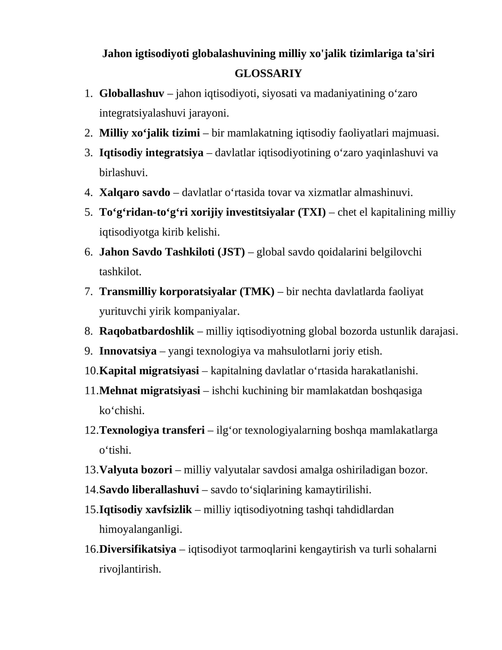 Globallashuv, Milliy Xo‘jalik Tizimi va Iqtisodiy Integratsiya 1