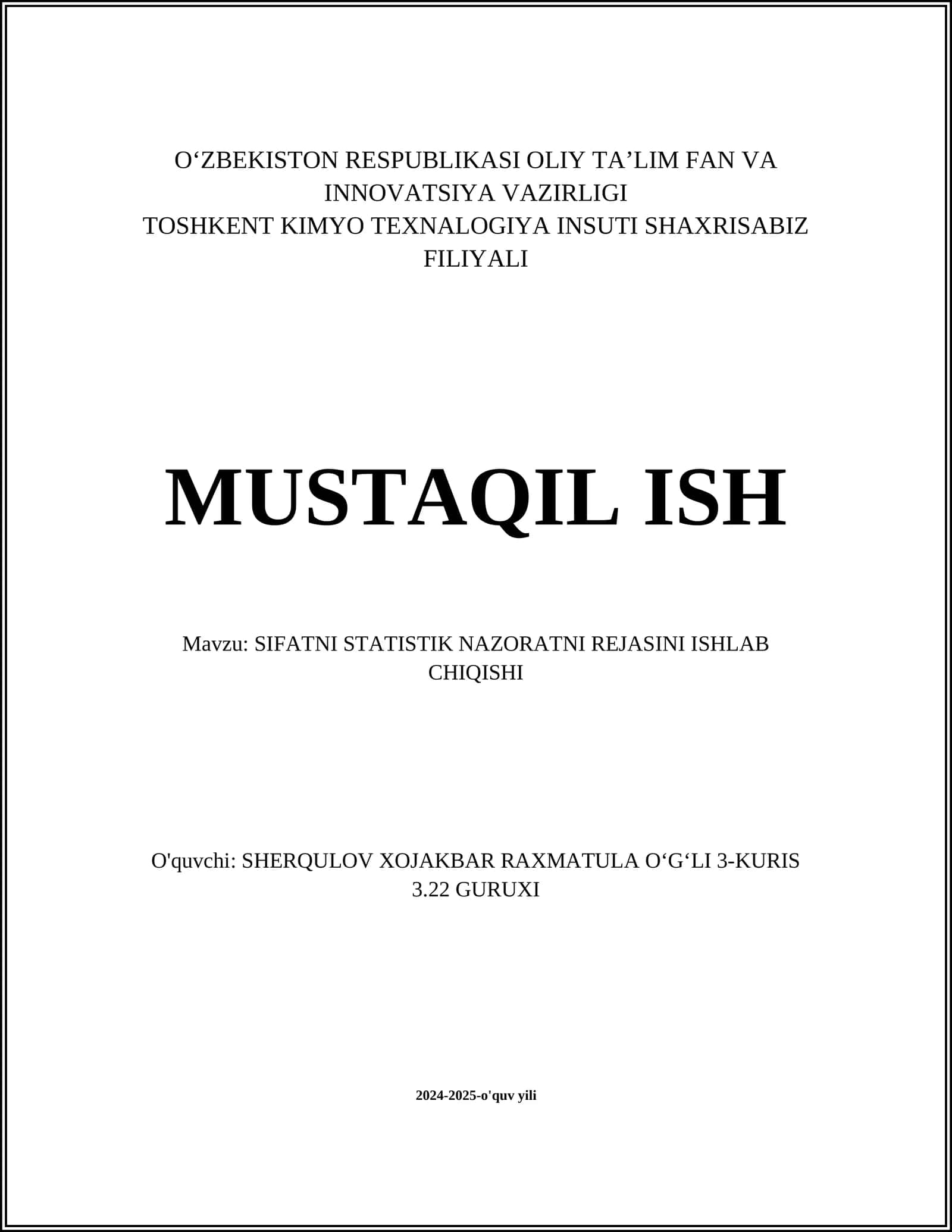 SIFATNI STATISTIK NAZORATNI REJASINI ISHLAB CHIQISHI 1