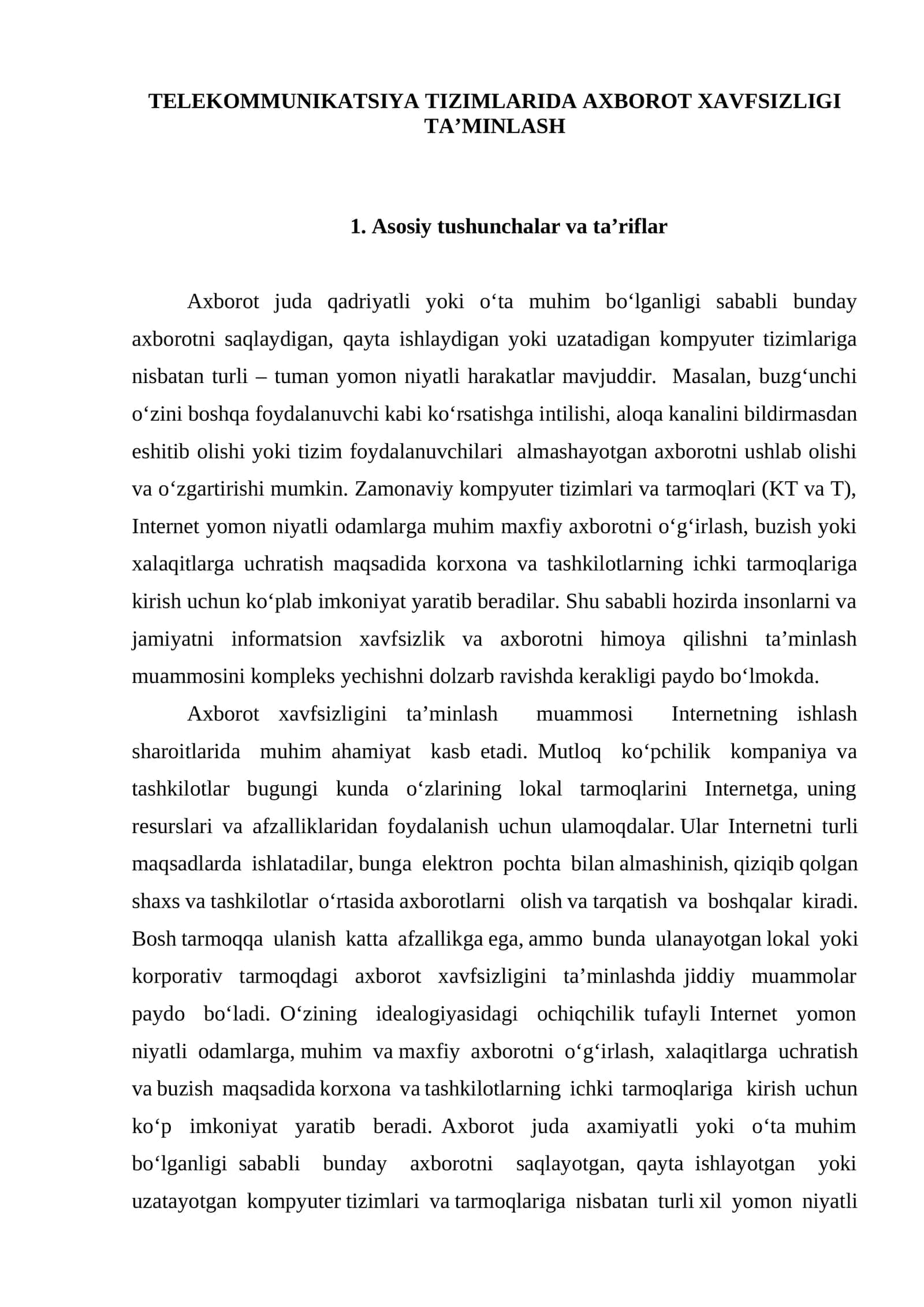 TELEKOMMUNIKATSIYA TIZIMLARIDA AXBOROT XAVFSIZLIGI TA’MINLASH 1