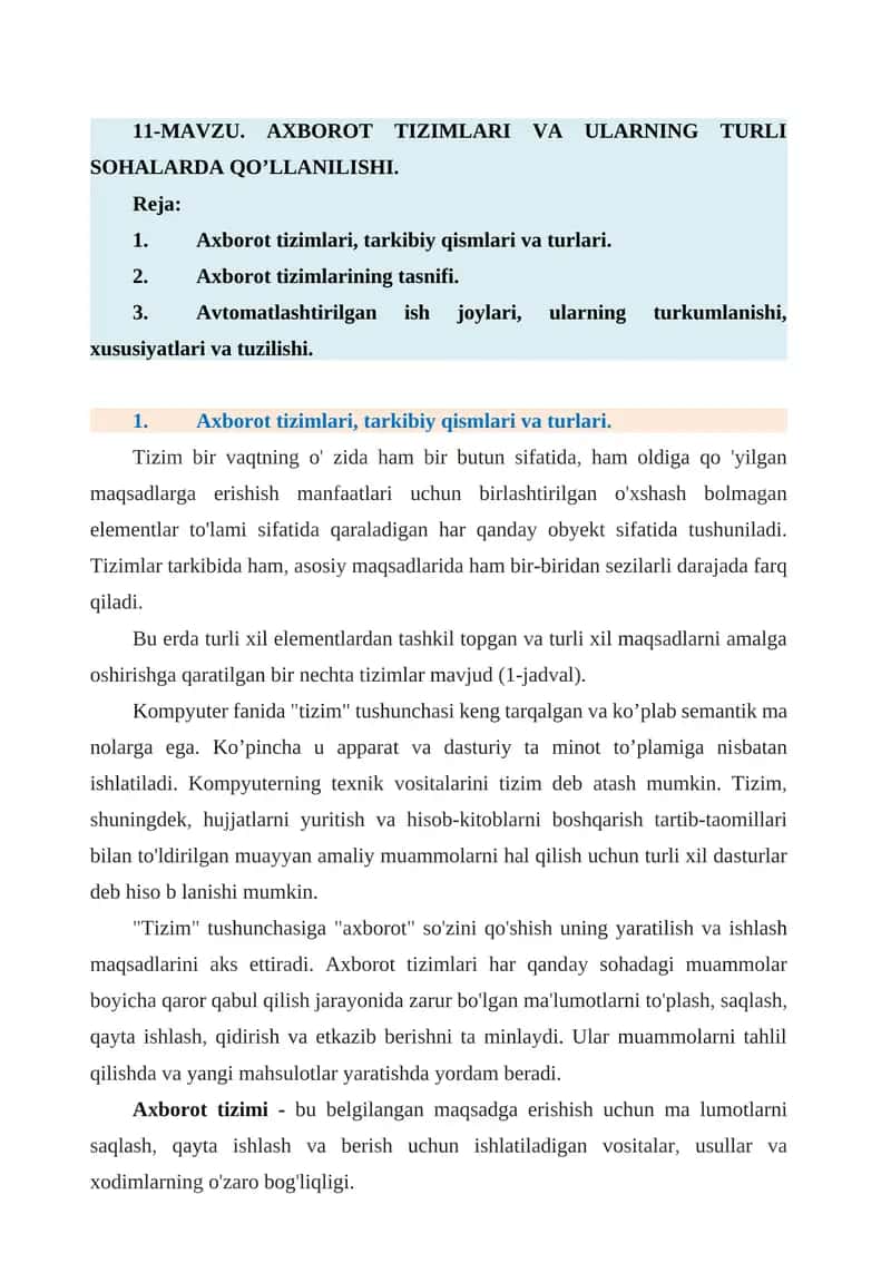 Axborot tizimlari va ularning turli sohalar 1