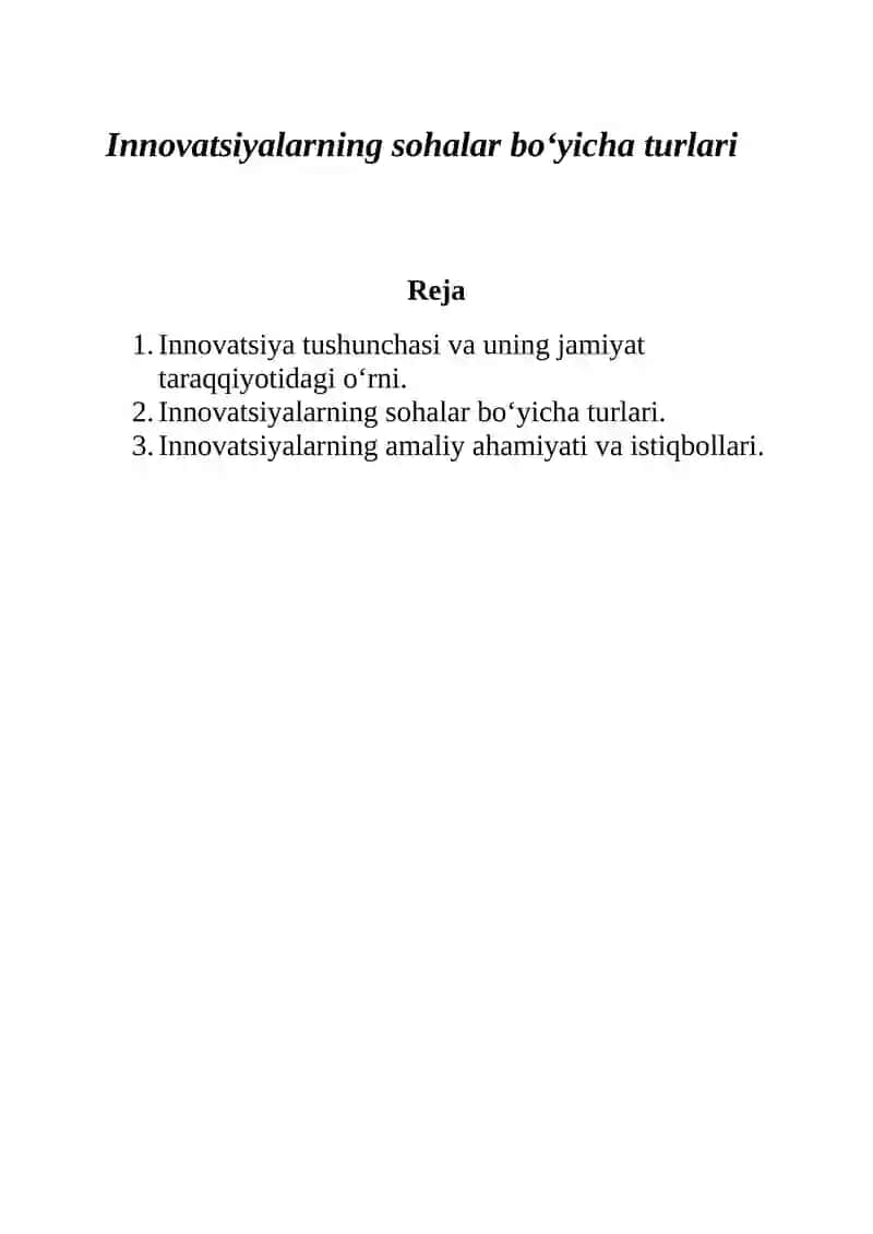 Innovatsiyalarning sohalar boʻyicha turlari