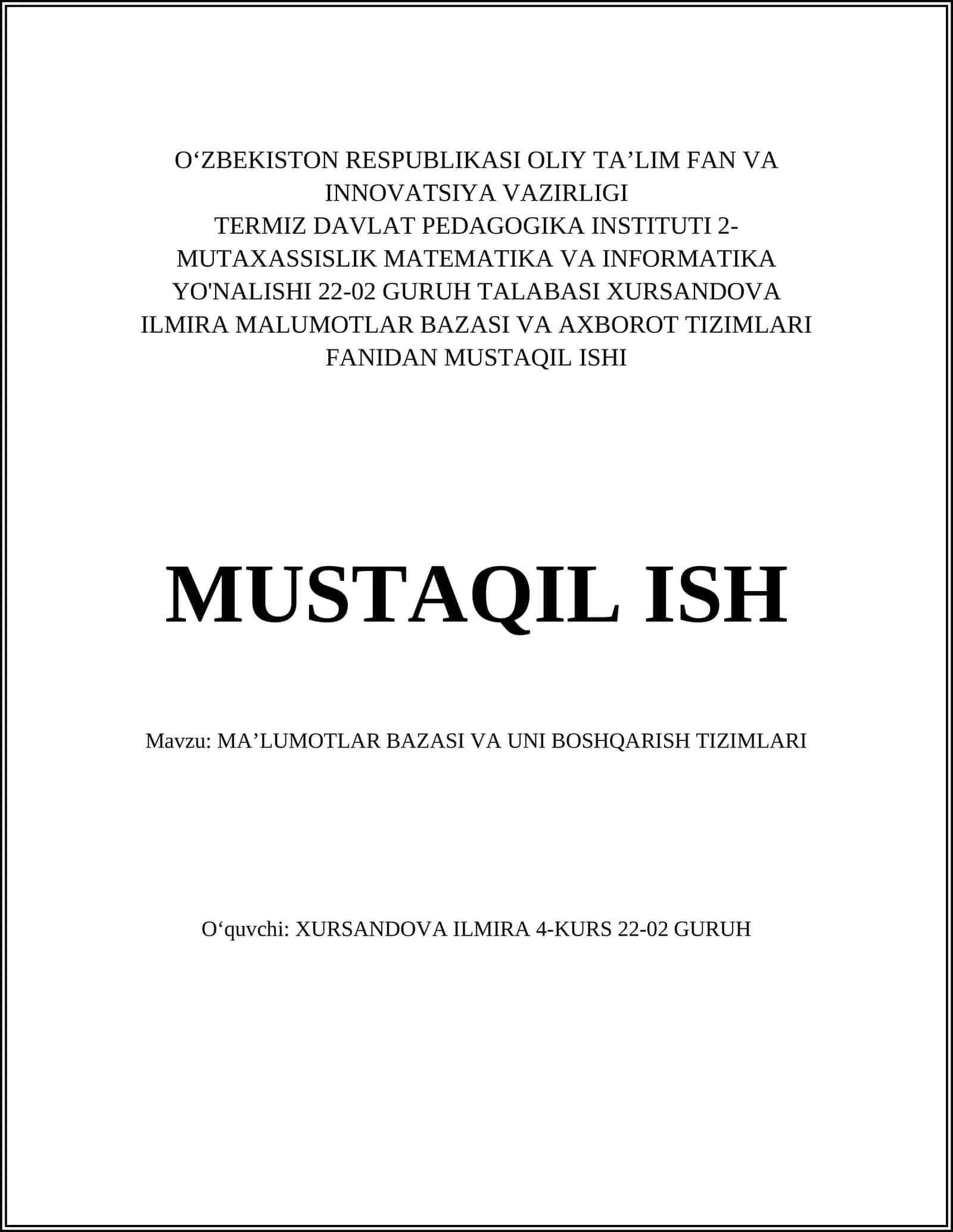 MAʼLUMOTLAR BAZASI VA UNI BOSHQARISH TIZIMLARI 1