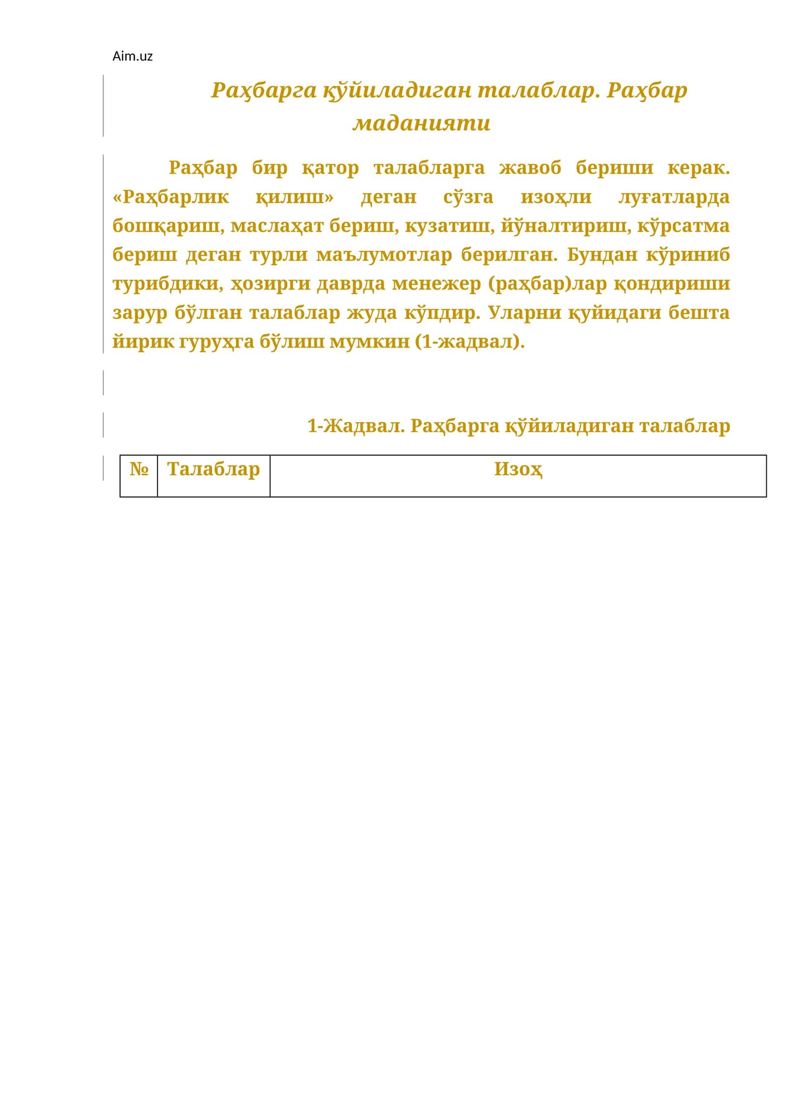 Раҳбарга қўйиладиган талаблар. Раҳбар маданияти 1