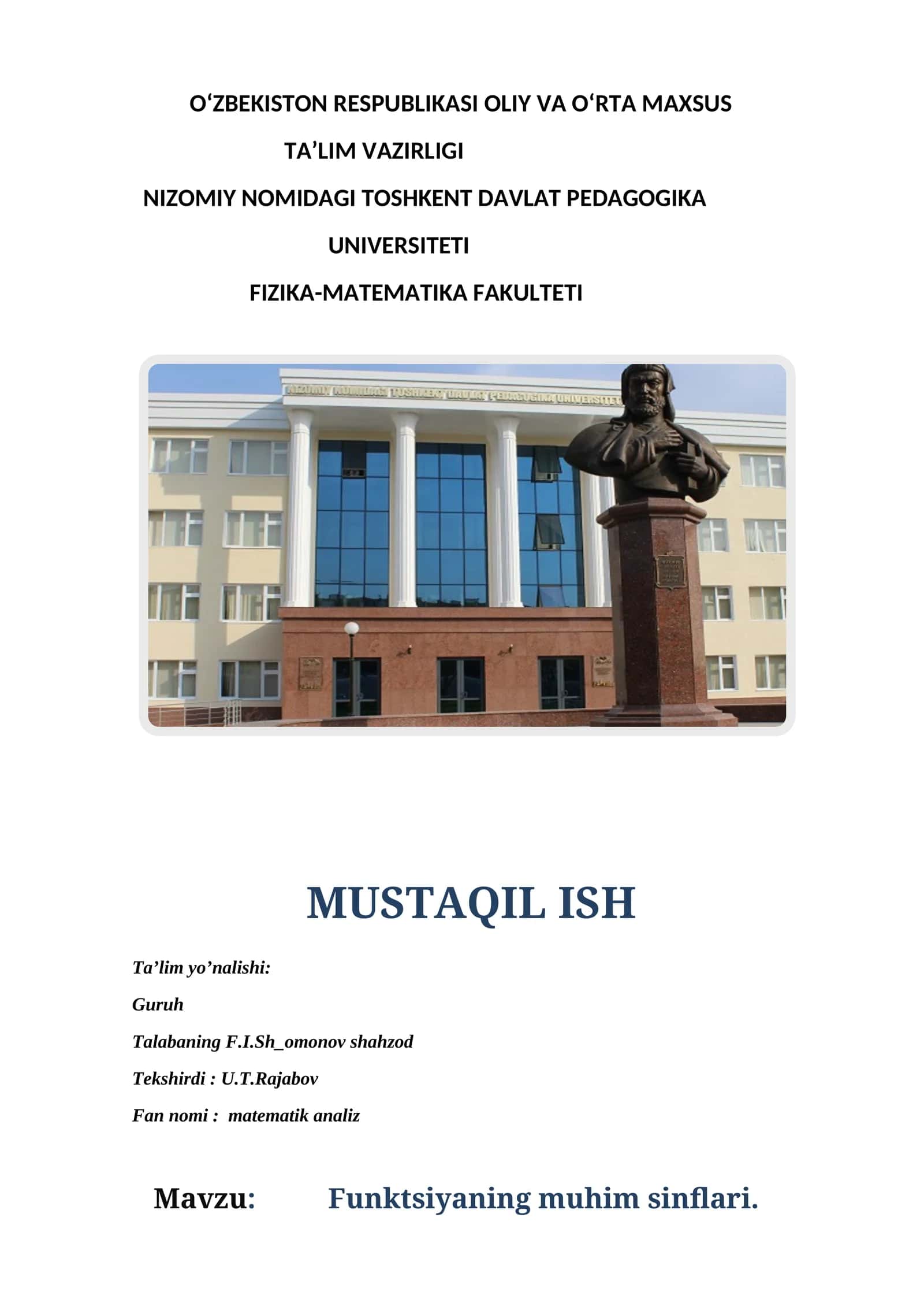 Funktsiyaning muhim sinflari 1