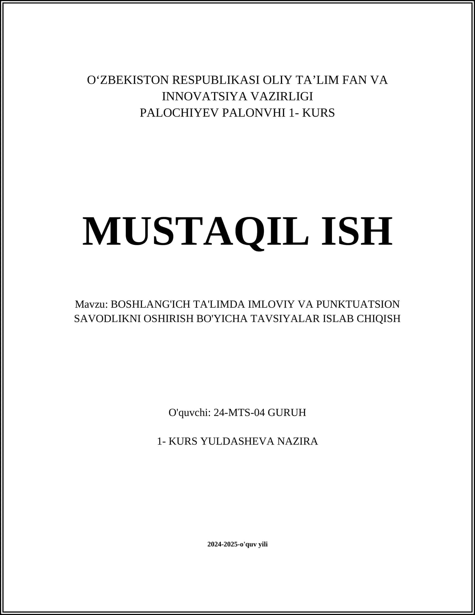 BOSHLANG'ICH TA'LIMDA IMLOVIY VA PUNKTUATSION SAVODLIKNI OSHIRISH BO'YICHA TAVSIYALAR 1