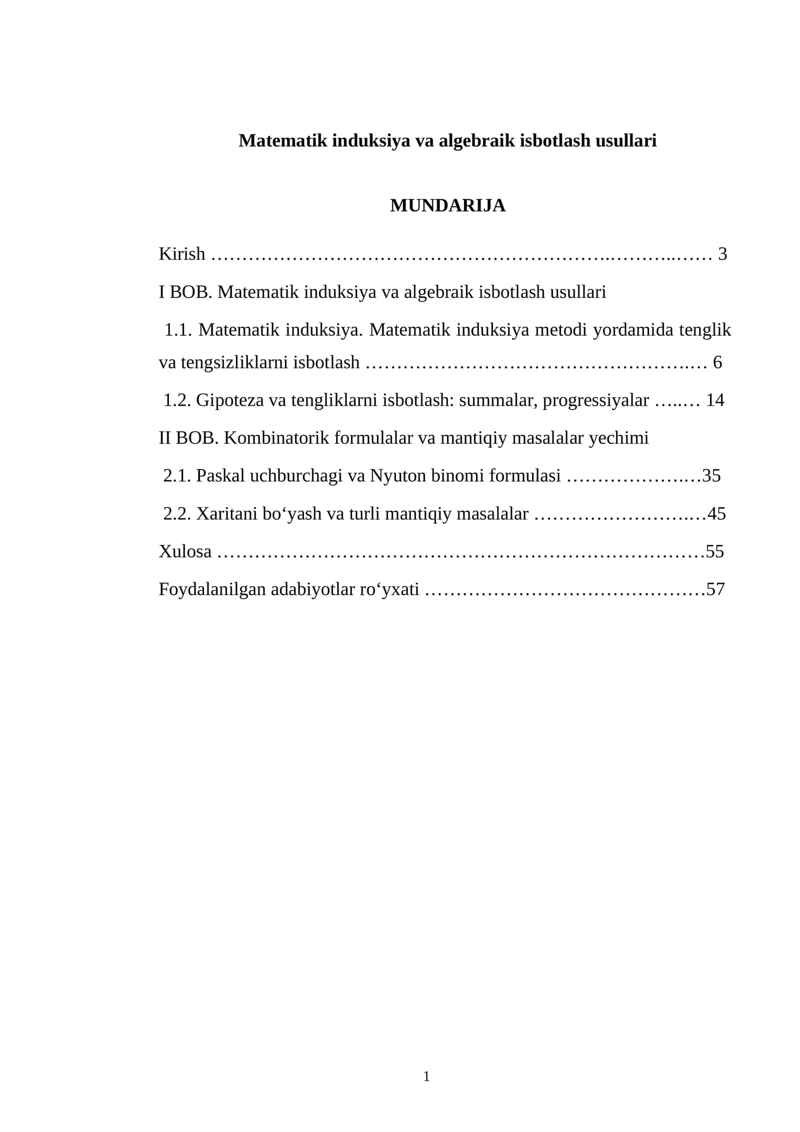 Matematik induksiya va algebraik isbotlash usullari 1