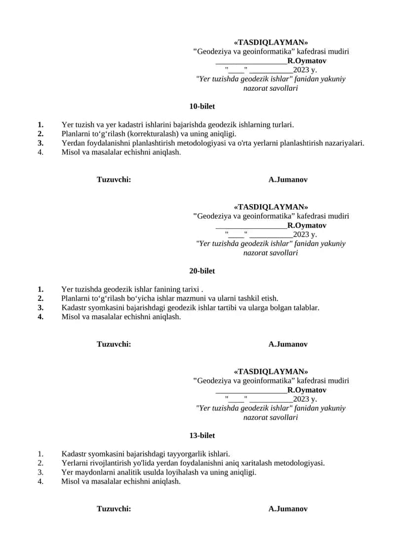 "Yer tuzishda geodezik ishlar" fanidan yakuniy nazorat savollari 1