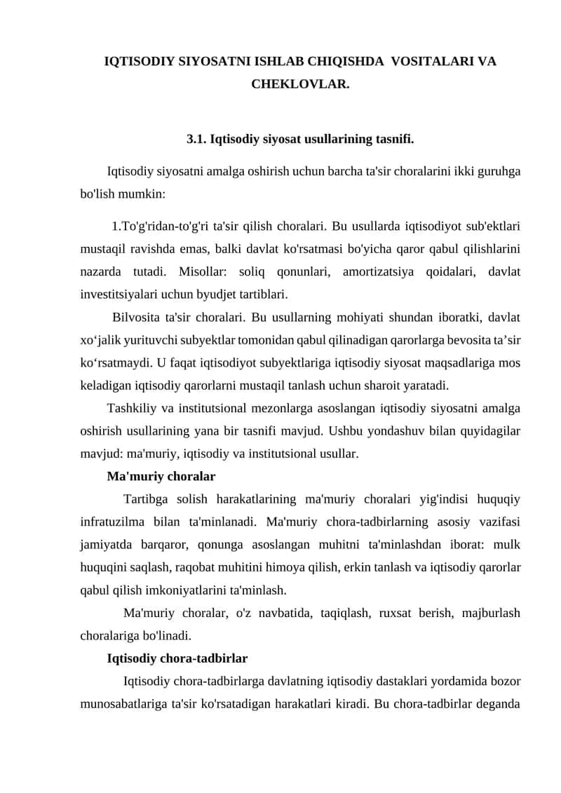 IQTISODIY SIYOSATNI ISHLAB CHIQISHDA VOSITALARI VA CHEKLOVLAR 1