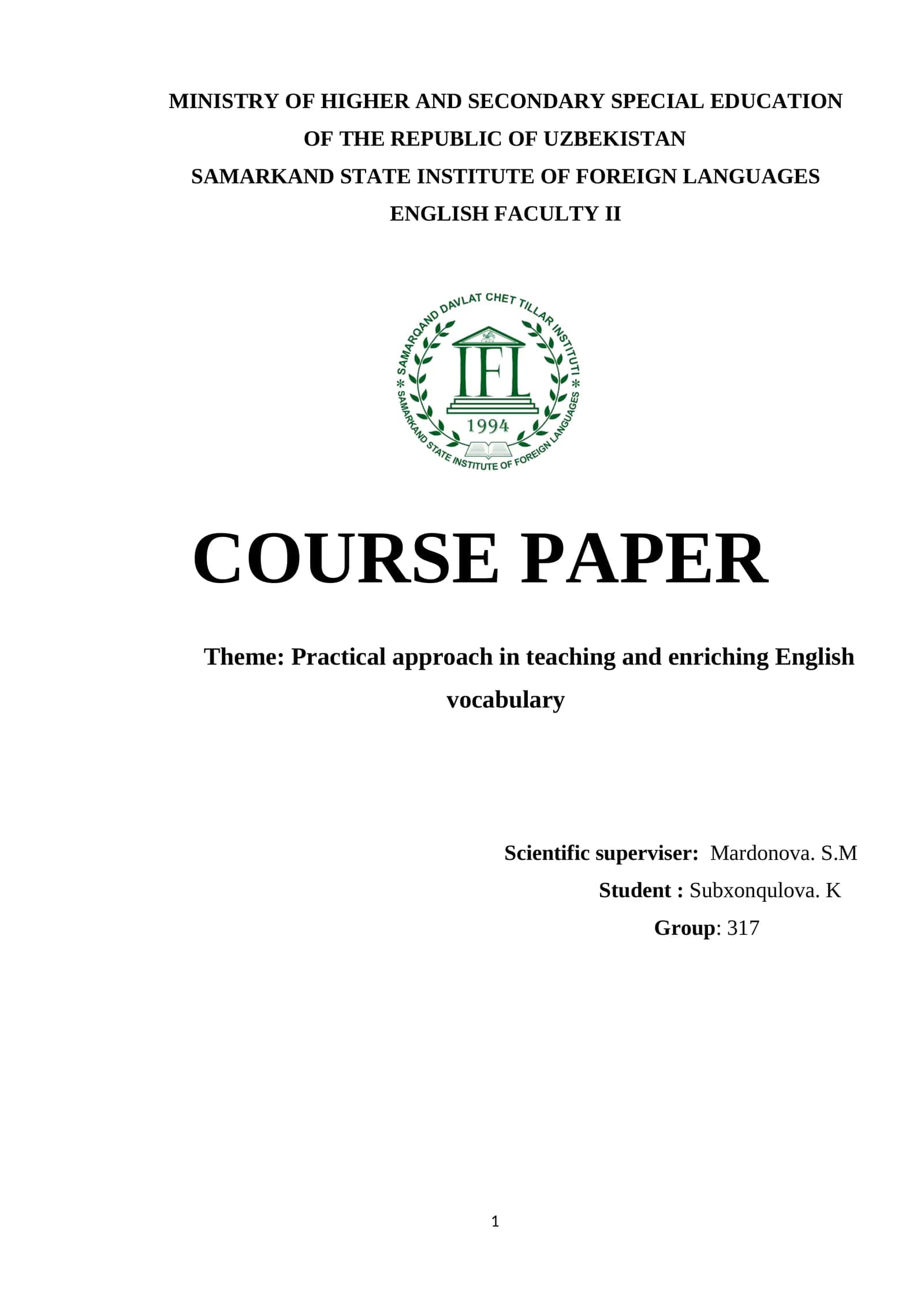 Course Paper on Practical Approach in Teaching and Enriching English Vocabulary 1