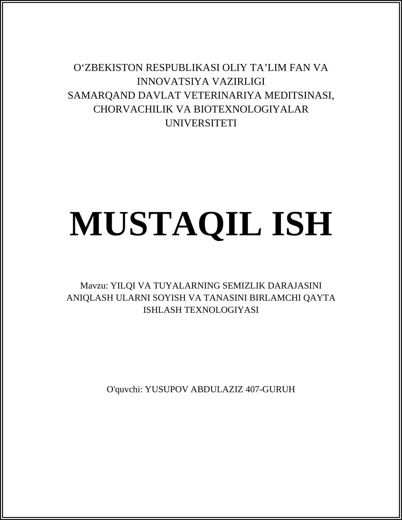 YILQI VA TUYALARNING SEMIZLIK DARAJASINI ANIQLASH ULARNI SOYISH VA TANASINI BIRLAMCHI QAYTA ISHLASH TEXNOLOGIYASI 1