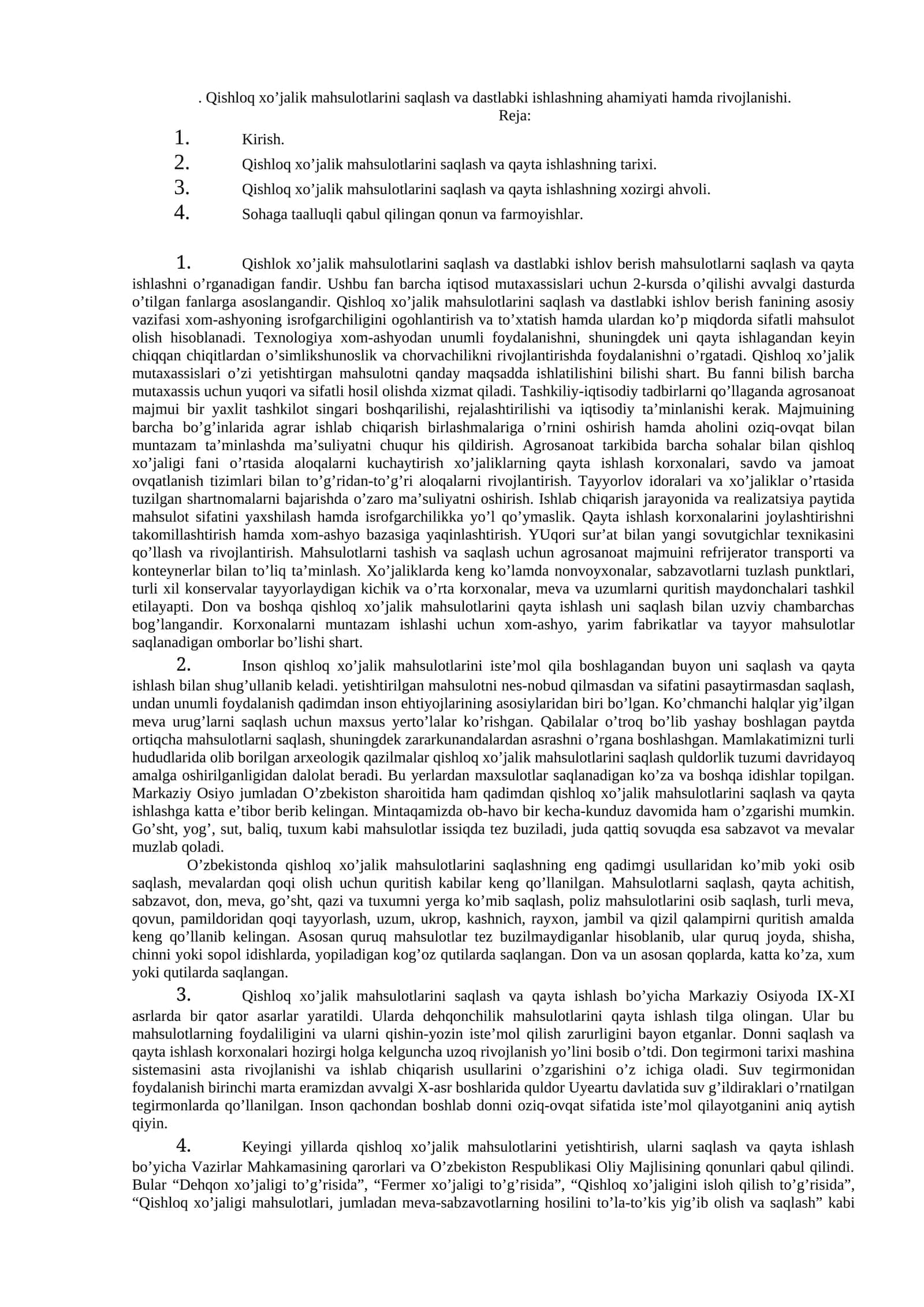 Qishloq xo’jalik mahsulotlarini saqlash va dastlabki ishlashning ahamiyati 1