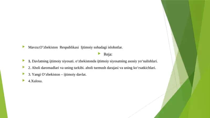 Oʻzbekiston Respublikasi Ijtimoiy Sohadagi Islohotlar 1