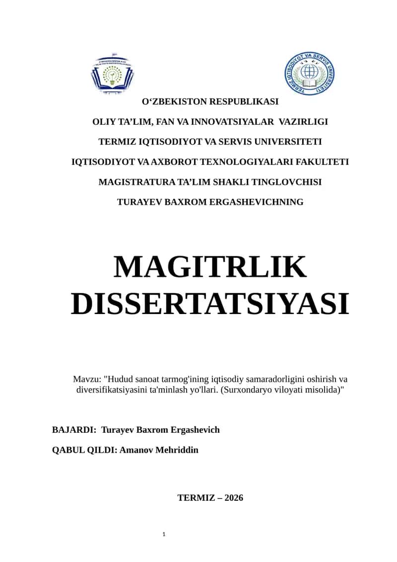 Hudud sanoat tarmog'ining iqtisodiy samaradorligini oshirish va diversifikatsiyasini ta'minlash yo'llari 1