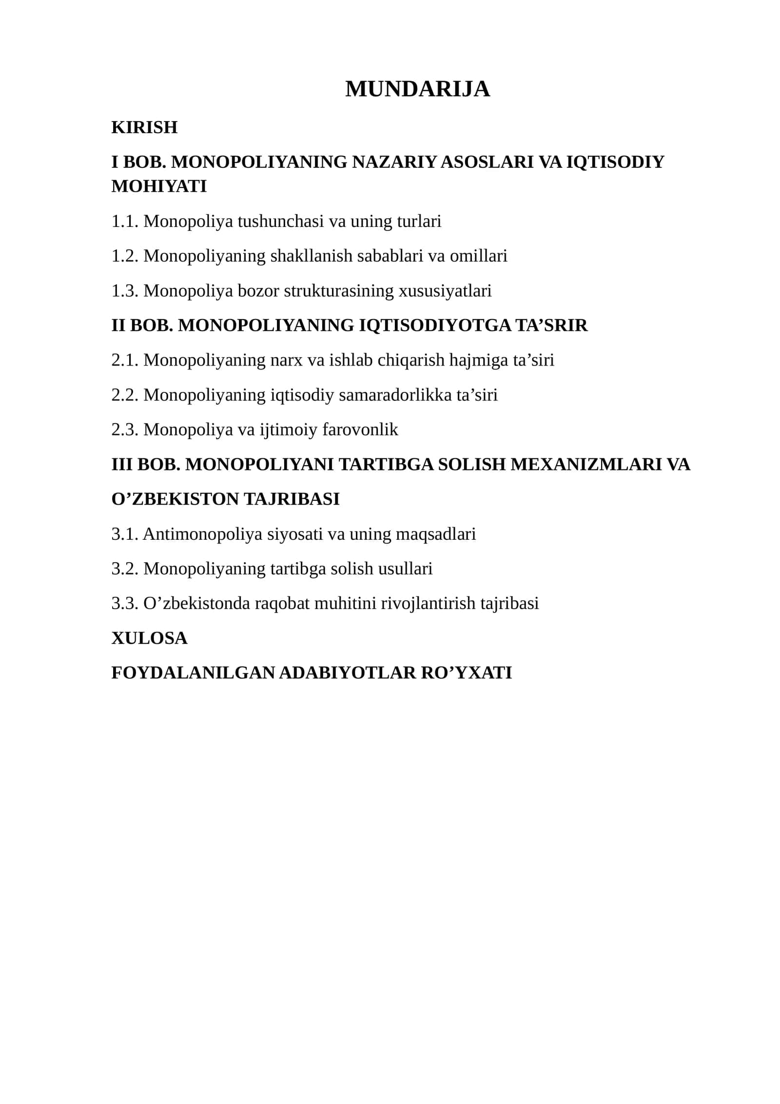 Monopoliyaning iqtisodiy tasiri va tartibga solish mexanizimlari 1