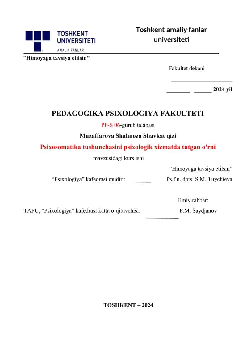 Psixosomatika tushunchasini psixologik xizmatda tutgan o'rni. 1